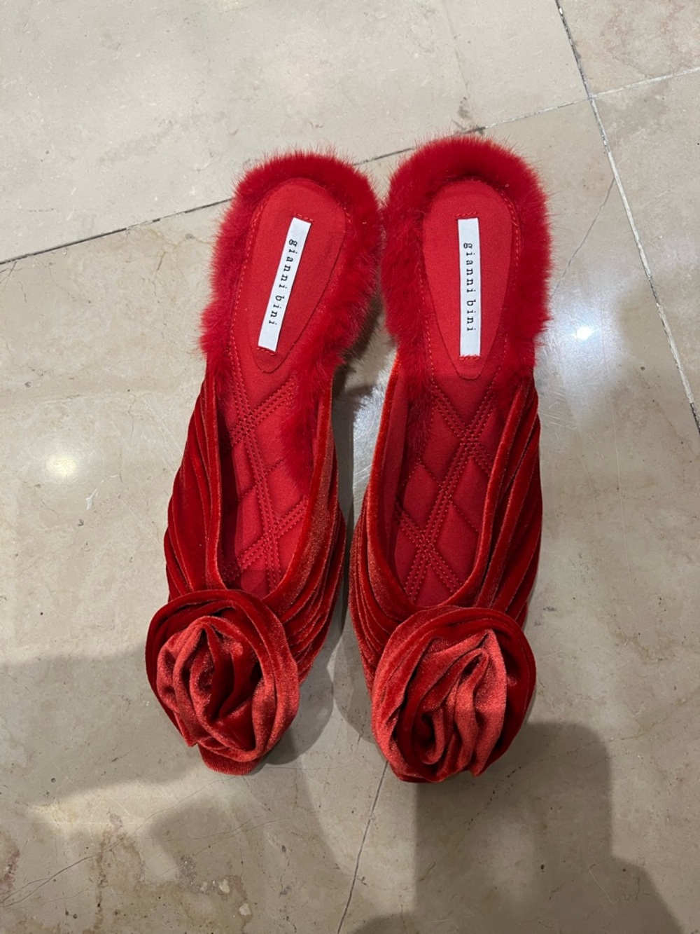 Gianni Bini Red Velvet Rose Applique Mules